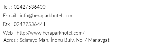Hera Park Hotel telefon numaralar, faks, e-mail, posta adresi ve iletiim bilgileri